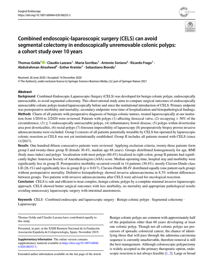 Combined endoscopic‑laparoscopic surgery (CELS) can avoid segmental colectomy in endoscopically unremovable colonic polyps a cohort study over 10 years